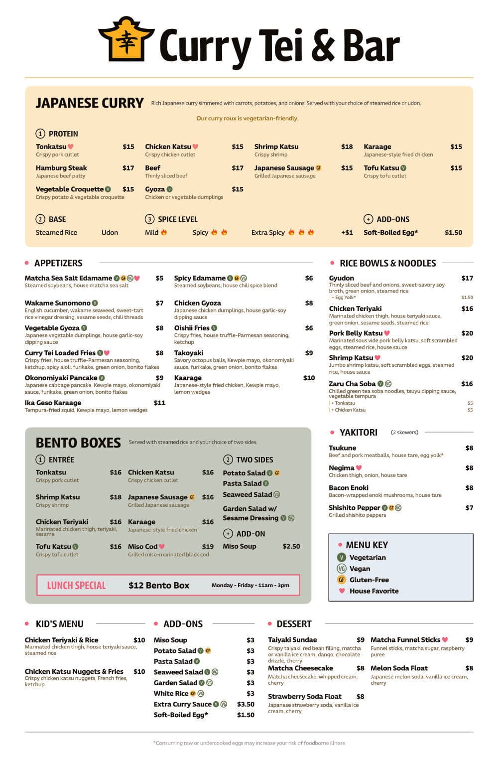 Curry Tei & Bar food menu: Japanese curry, appetizers, rice bowls and noodles, bento boxes, yakitori, kid's menu, add-ons, and dessert.