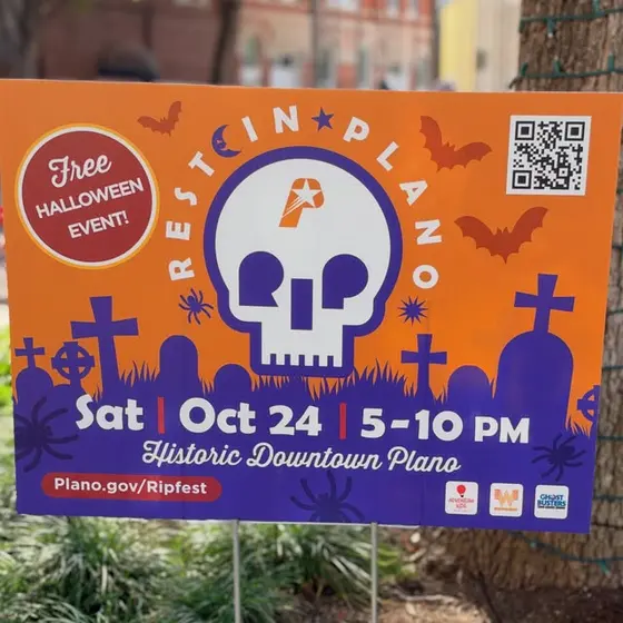 Sign for RIP in Plano, a free Halloween event in Historic Downtown Plano on Saturday, October 24.
