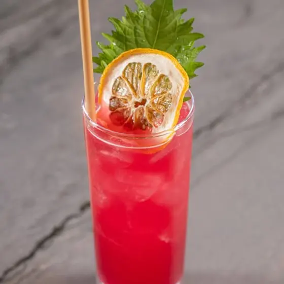 A bright red cocktail garnished with a dried citrus wheel and a shiso leaf.